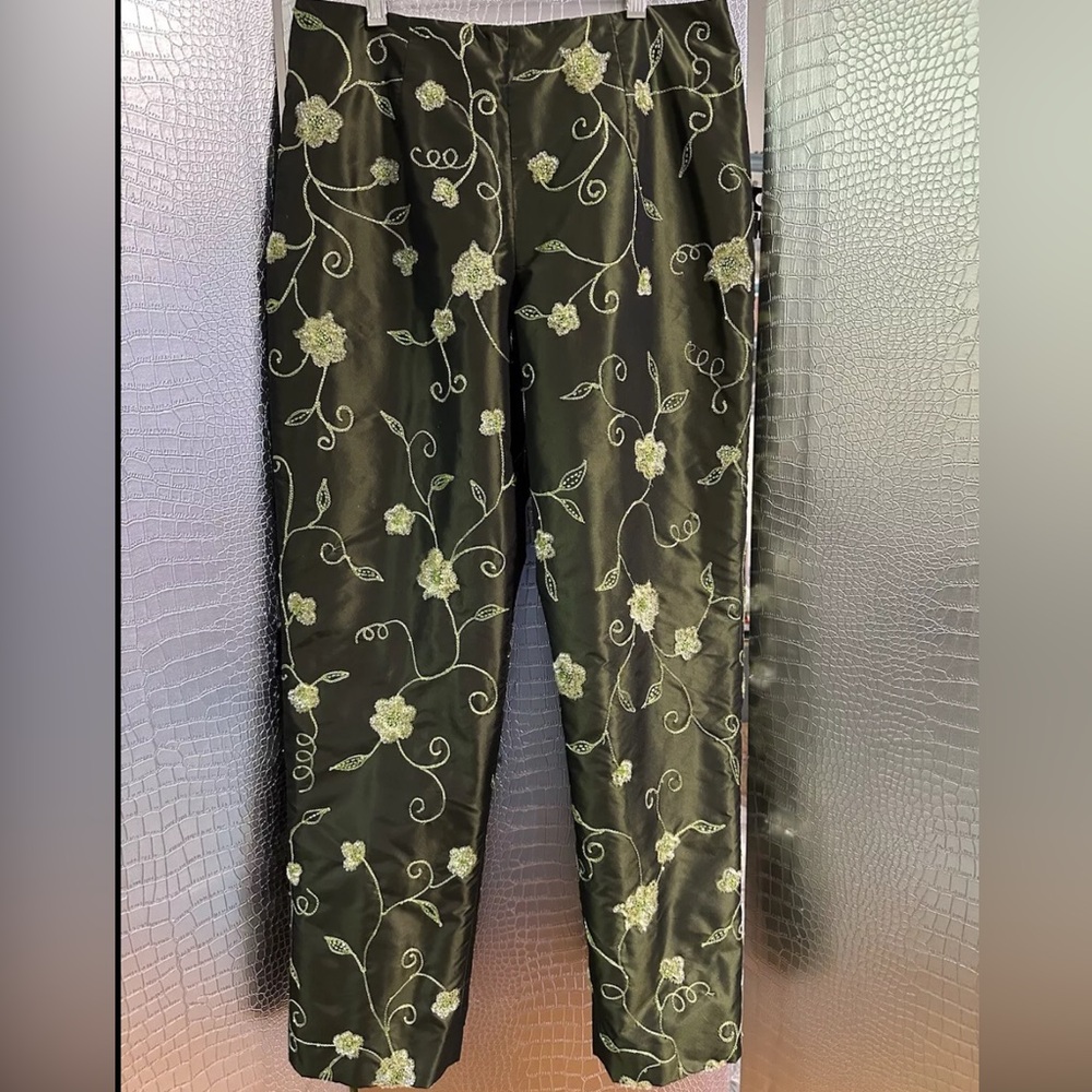 Chetta B Evening Women Embroidered Floral Green Silk Pants Fancy Formal Size 8
